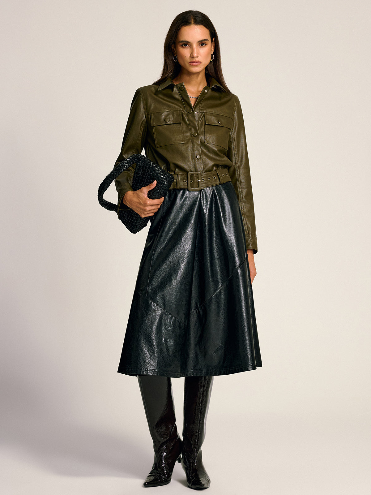 Teressa | Belted PU Leather Cargo Shirt Jacket
