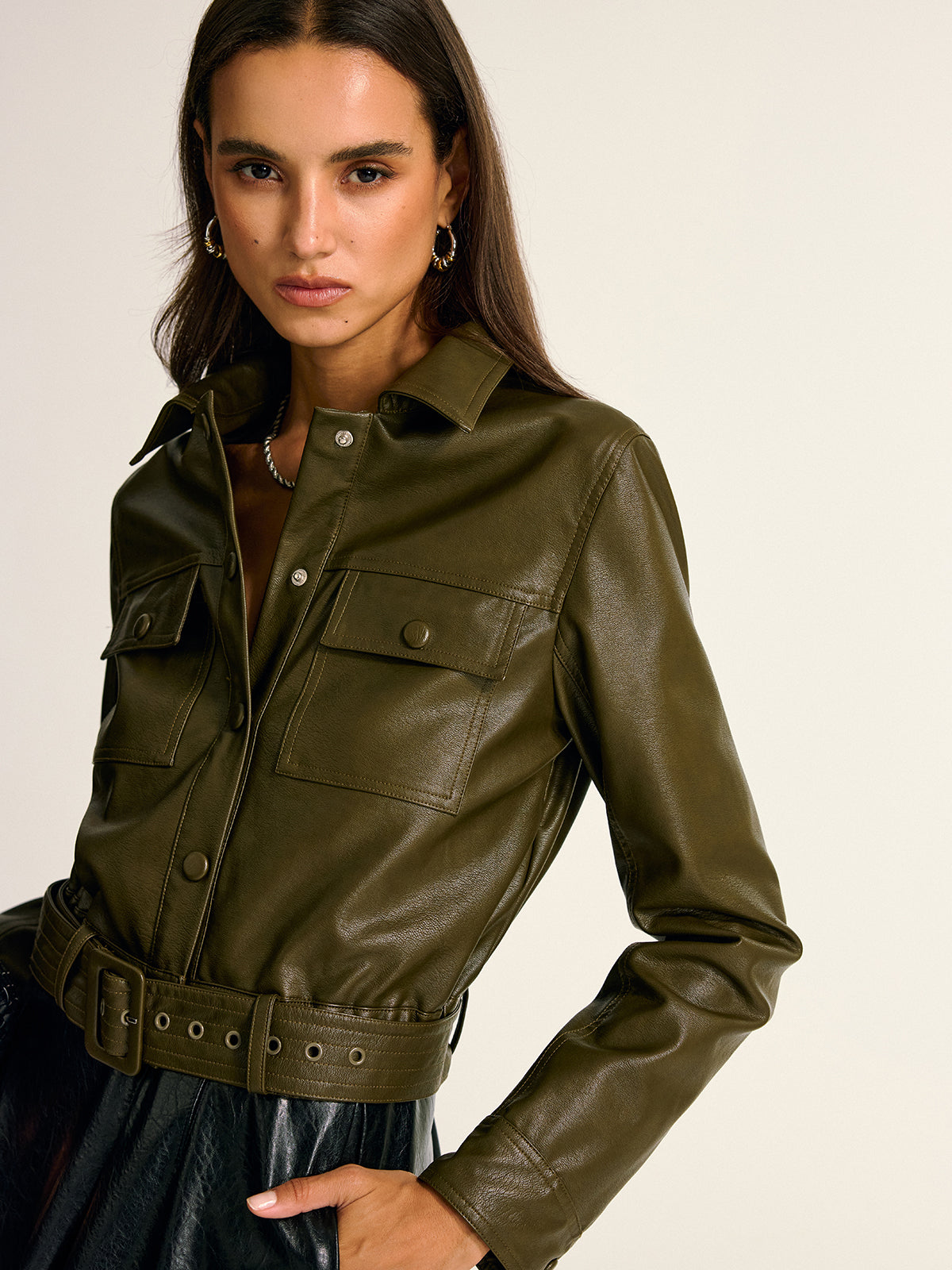 Teressa | Belted PU Leather Cargo Shirt Jacket