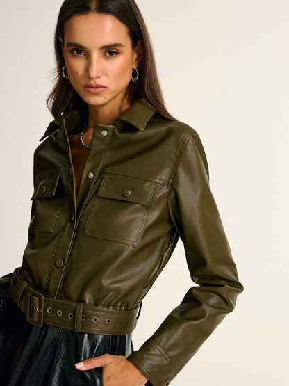 Teressa | Belted PU Leather Cargo Shirt Jacket