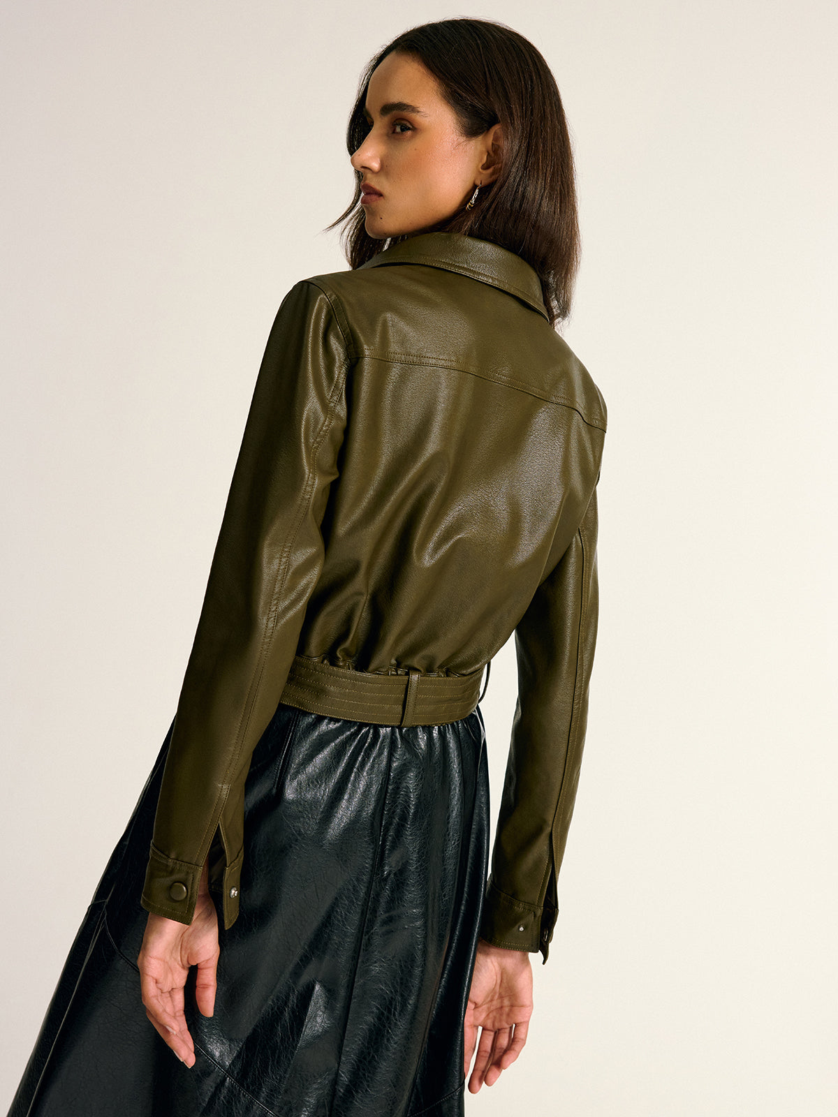 Teressa | Belted PU Leather Cargo Shirt Jacket