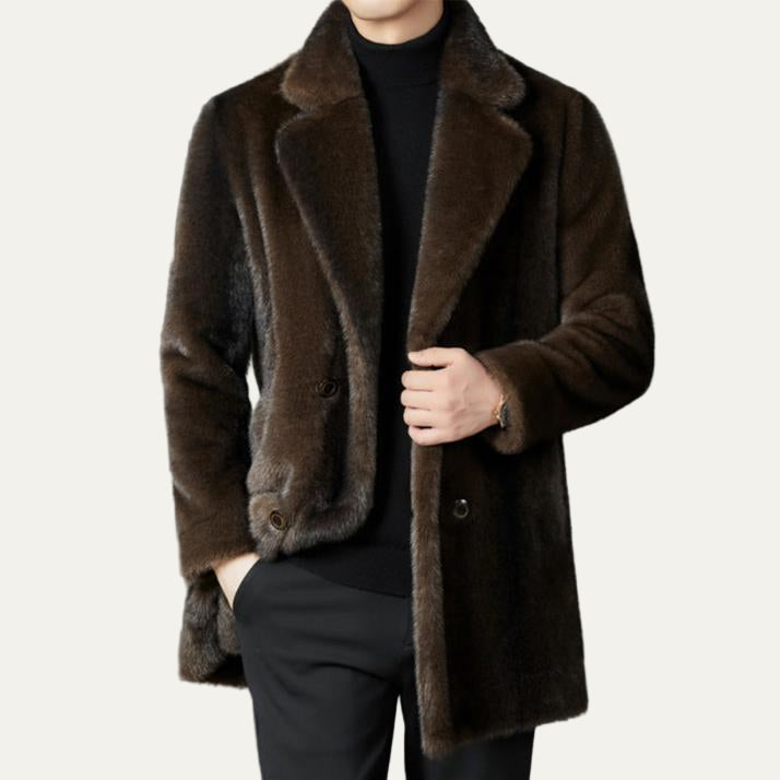 Men’s Double Breasted Faux Fur Mid Length Coat