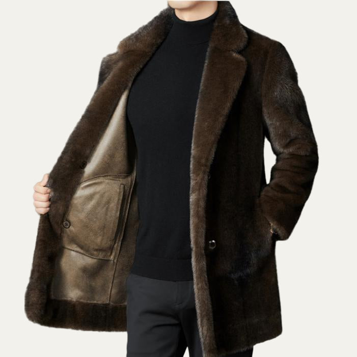 Men’s Double Breasted Faux Fur Mid Length Coat