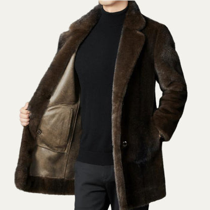 Men’s Double Breasted Faux Fur Mid Length Coat