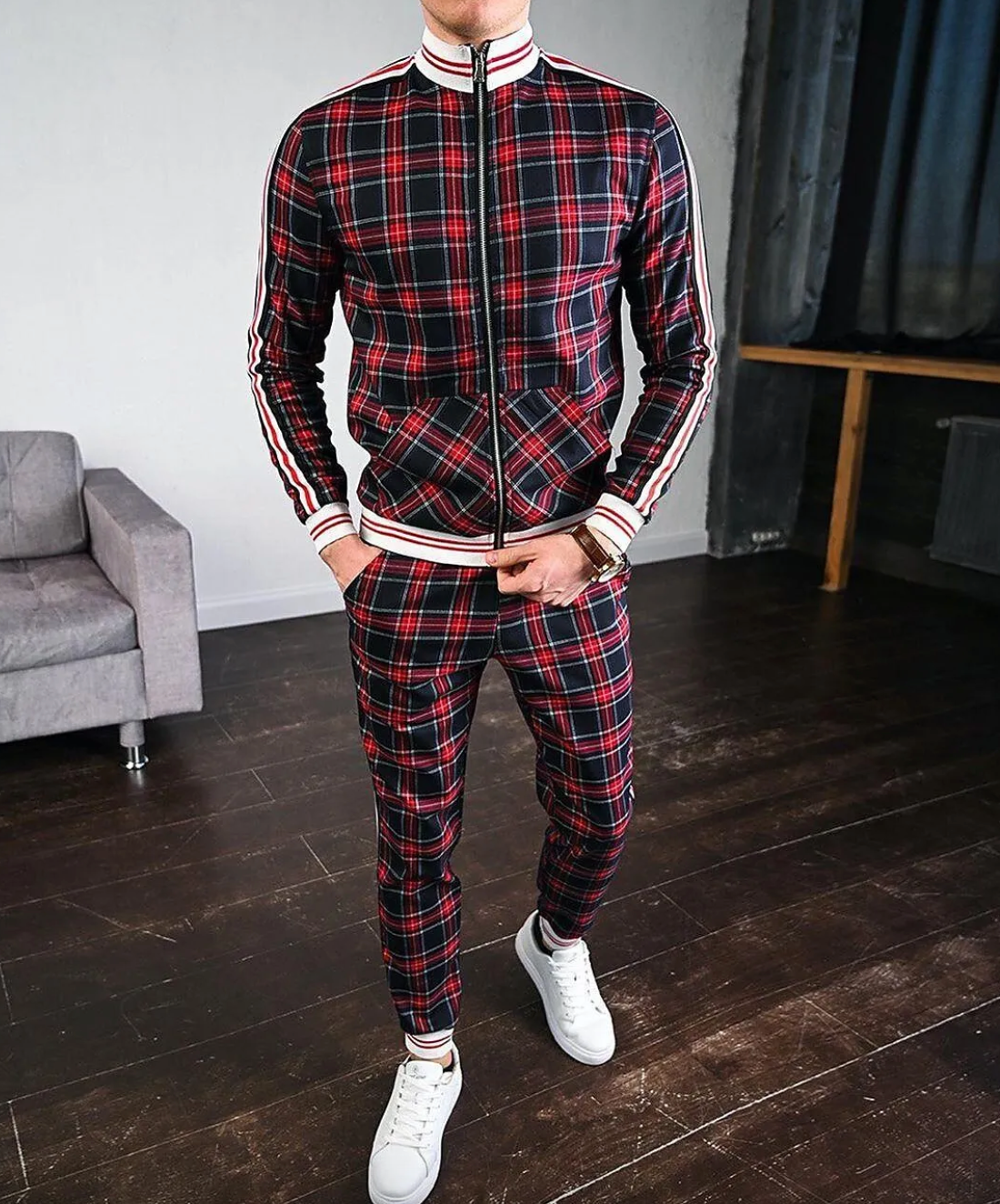 Men's Checked Sportswear Tracksuit Set with Contrast Cuffs