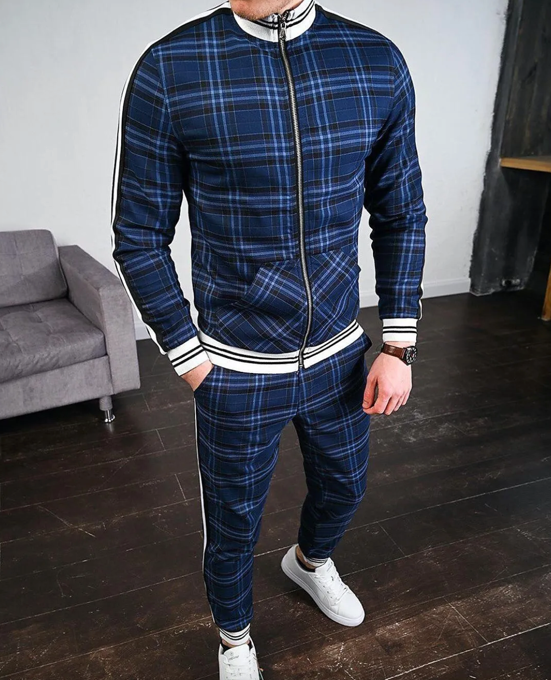 Men's Checked Sportswear Tracksuit Set with Contrast Cuffs