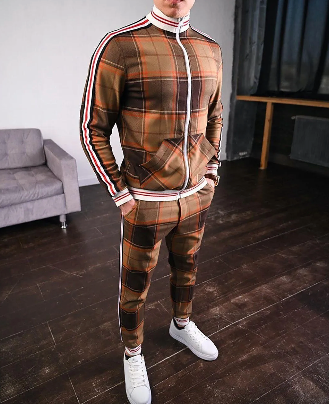 Men's Checked Sportswear Tracksuit Set with Contrast Cuffs