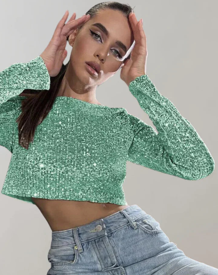 Binnie Top | Women's Sequin Long-Sleeve Crop Top
