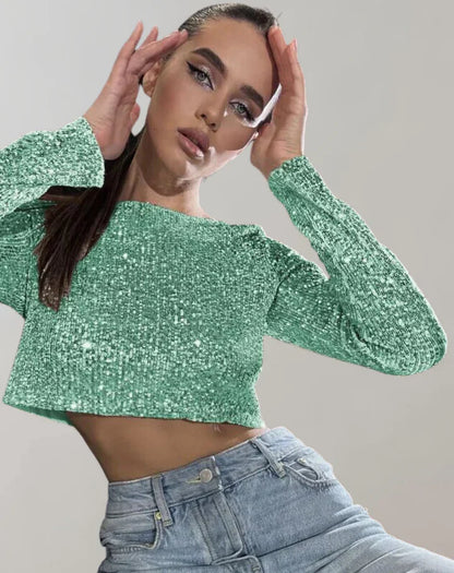 Binnie Top | Women's Sequin Long-Sleeve Crop Top