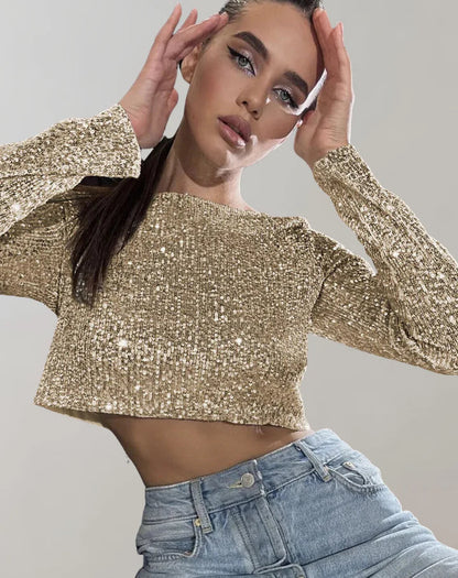 Binnie Top | Women's Sequin Long-Sleeve Crop Top