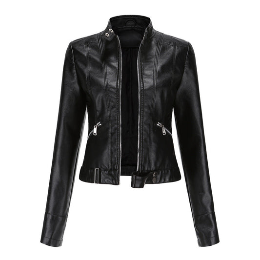 Women's PU leather jacket with zipper, high collar and belt
