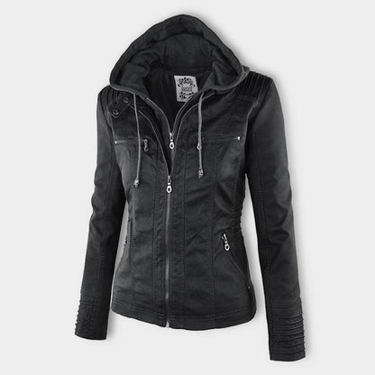PU leather jacket with hood for women