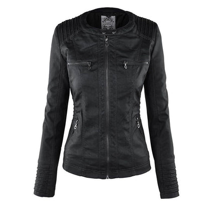 PU leather jacket with hood for women