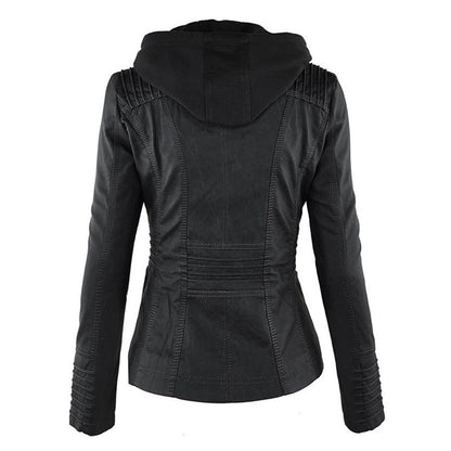 PU leather jacket with hood for women
