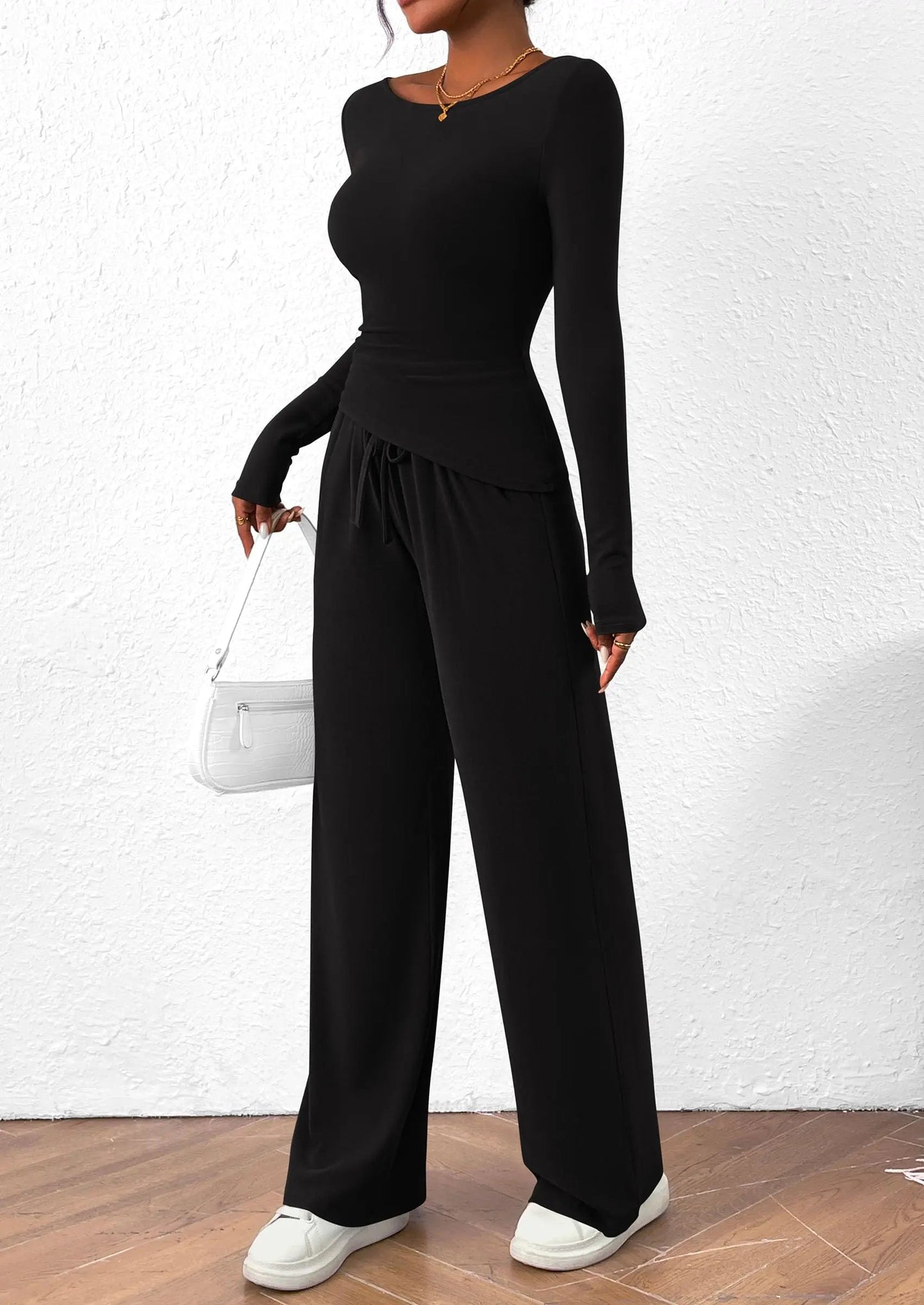 Long Sleeve T-Shirt Wide Leg Pants Casual 2 Piece Sets