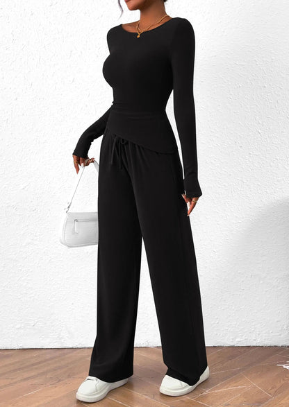 Long Sleeve T-Shirt Wide Leg Pants Casual 2 Piece Sets