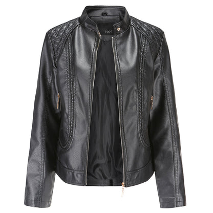PU leather jacket with stand-up collar for women