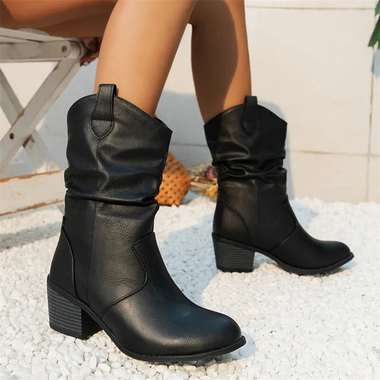 Black Ankle Boots for Women – Stylish Western Design, Sizes 36 to 42