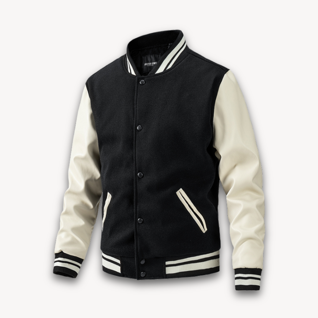 Men's Varsity Jacket - Wool Blend Body with Faux Leather Sleeves - Classic Letterman Style