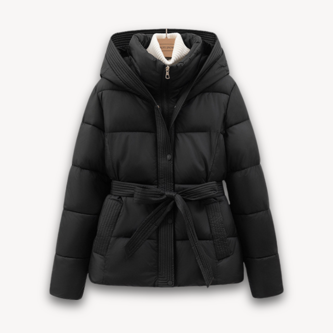 Women's Puffer Jacket with Hood and Belt