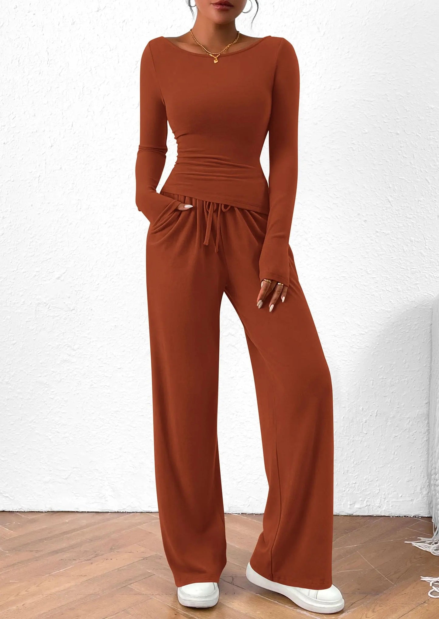 Long Sleeve T-Shirt Wide Leg Pants Casual 2 Piece Sets