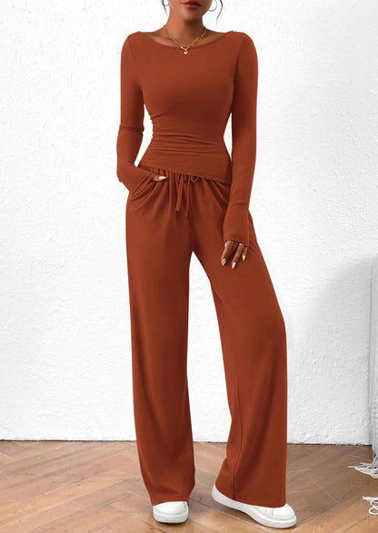 Long Sleeve T-Shirt Wide Leg Pants Casual 2 Piece Sets