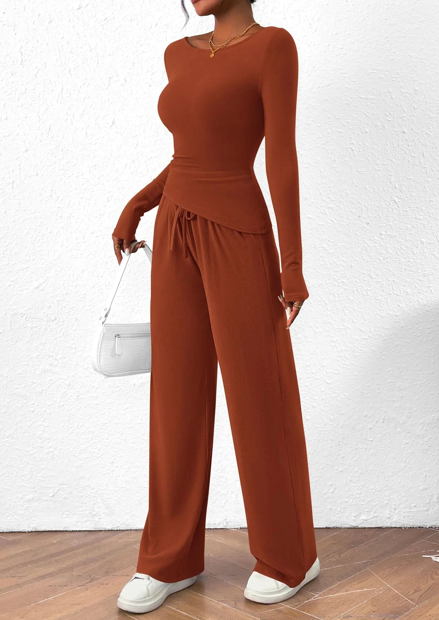 Long Sleeve T-Shirt Wide Leg Pants Casual 2 Piece Sets