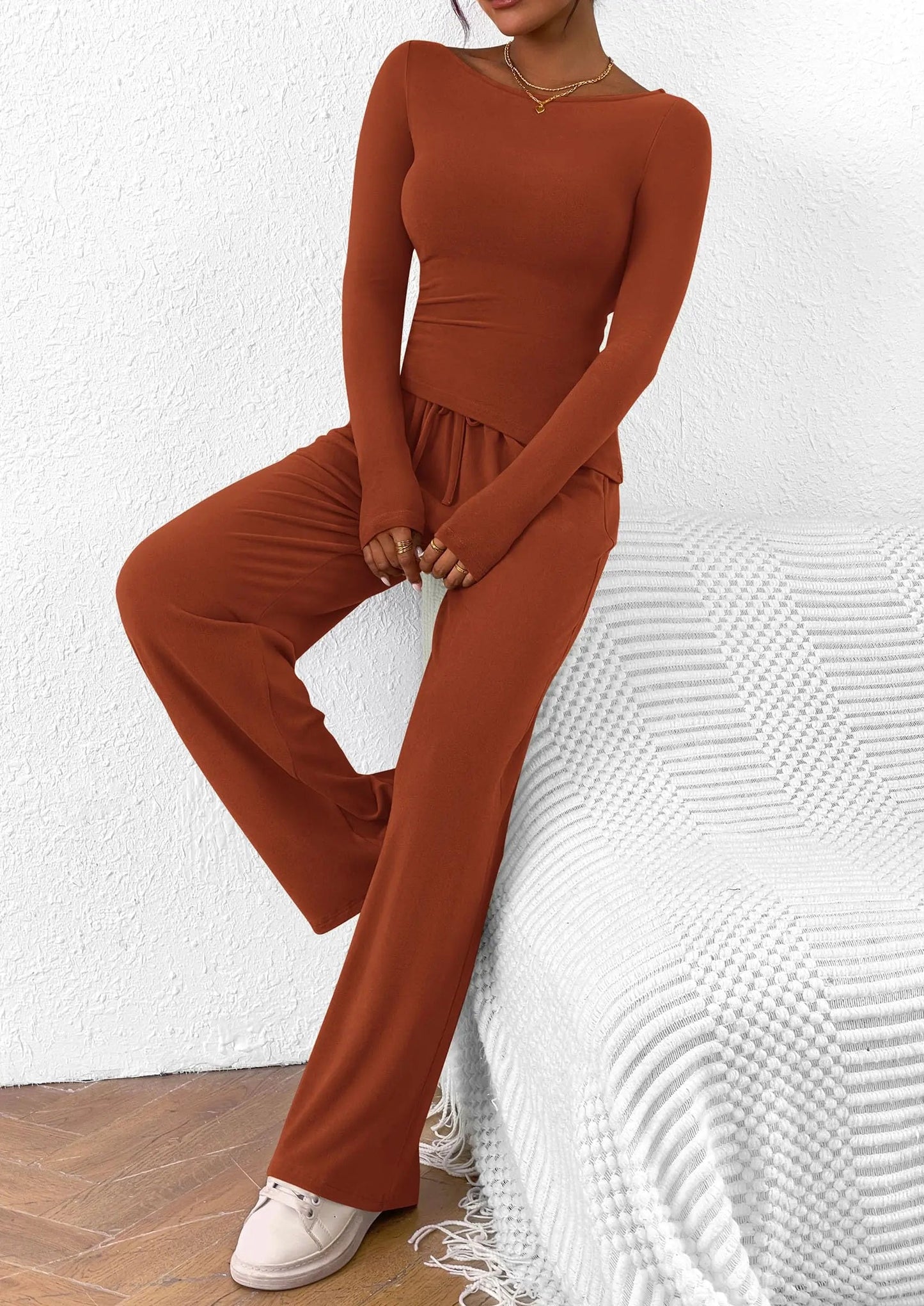 Long Sleeve T-Shirt Wide Leg Pants Casual 2 Piece Sets