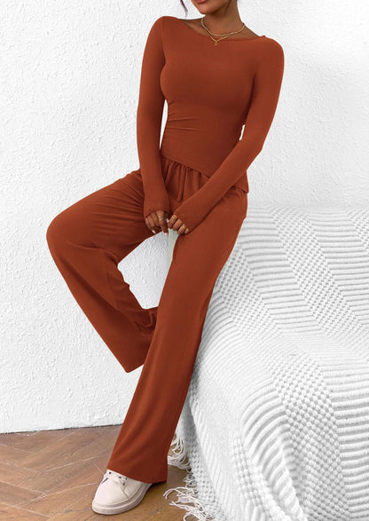 Long Sleeve T-Shirt Wide Leg Pants Casual 2 Piece Sets