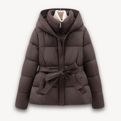 Women's Puffer Jacket with Hood and Belt