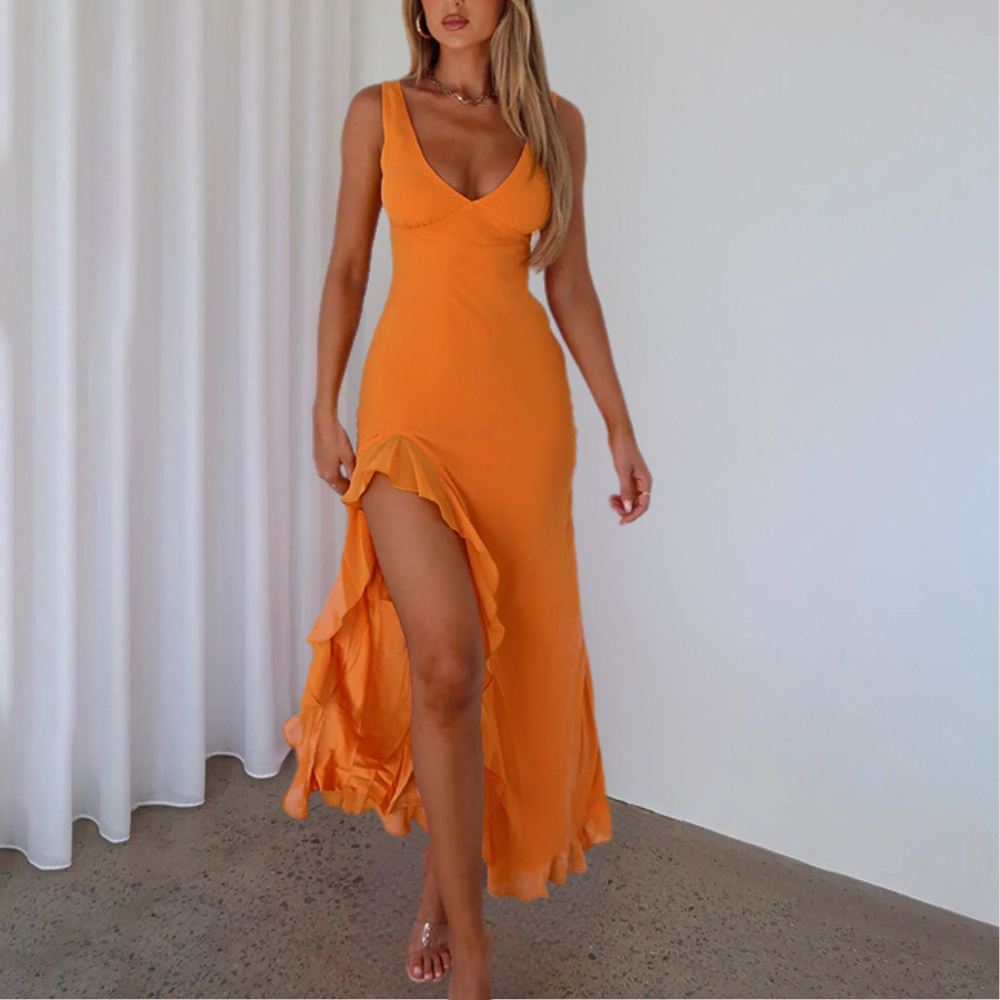 Stylish V-Neck Maxi Dress with Side Slit