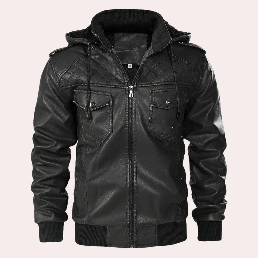 Stylish Kyriakos Men's Leather Jacket with Hooded Design
