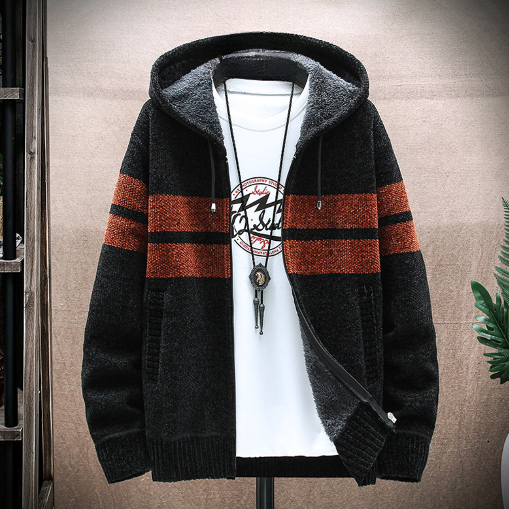 Warm Mens Zip Up Hooded Sweatshirt with Stripes