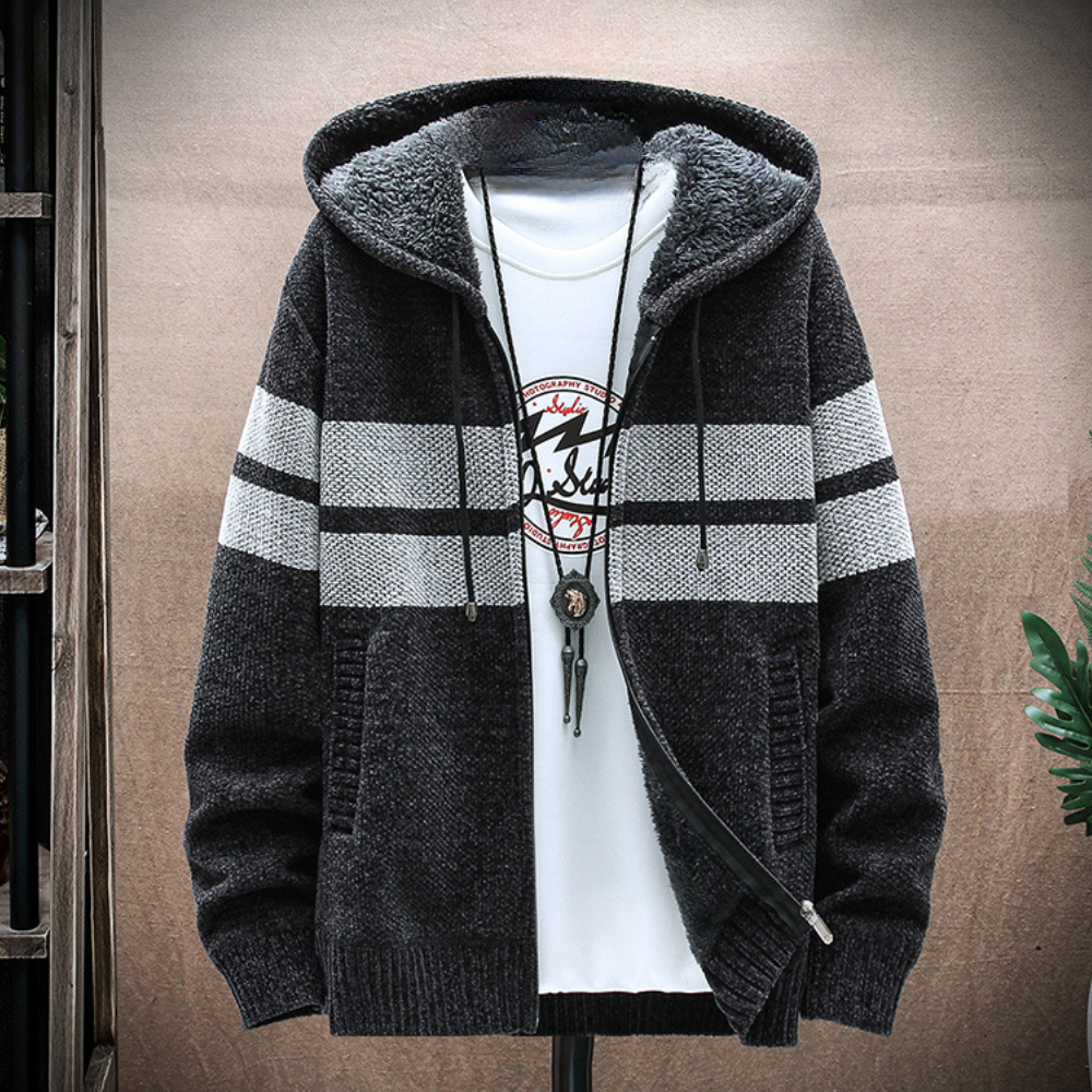 Warm Mens Zip Up Hooded Sweatshirt with Stripes