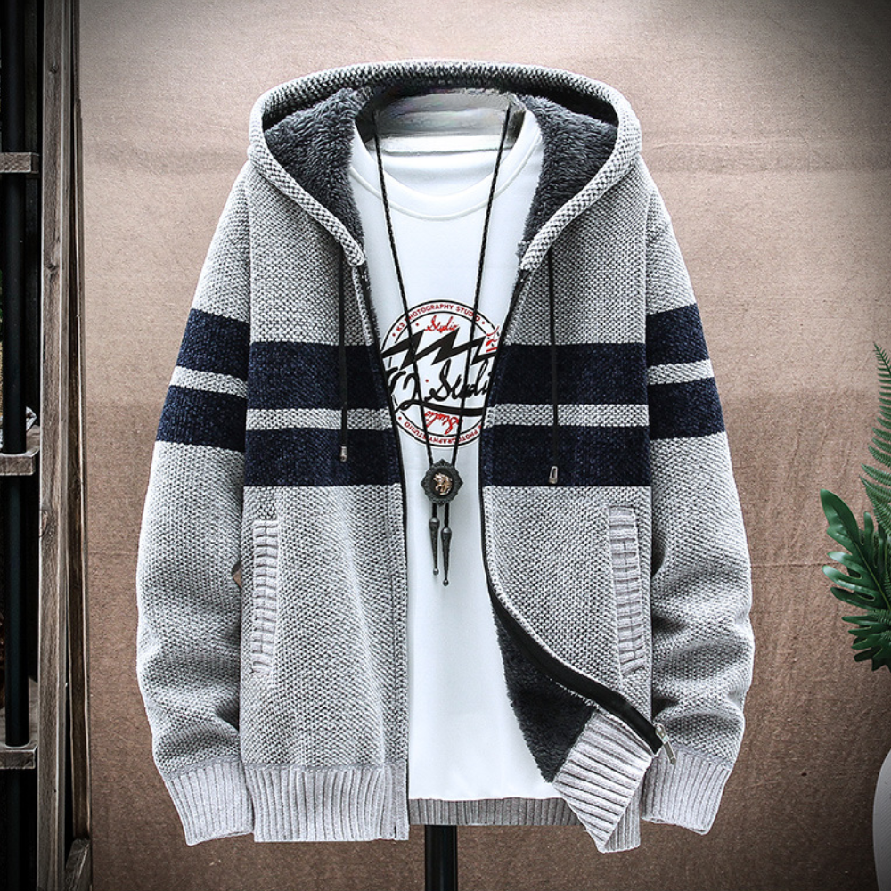 Warm Mens Zip Up Hooded Sweatshirt with Stripes