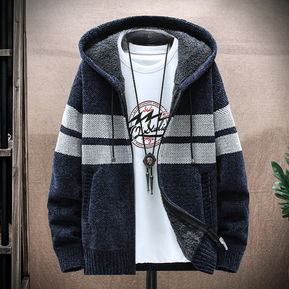 Warm Mens Zip Up Hooded Sweatshirt with Stripes - BritishElegance