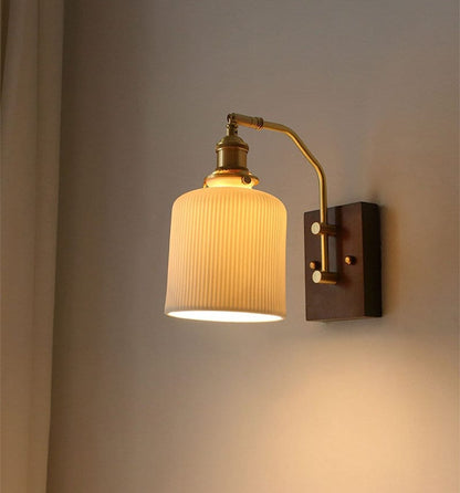 Rustic Wood LED Wall Lamp with Ceramic Shade