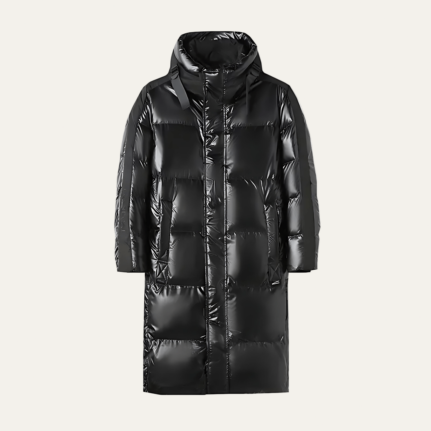 Men’s Long Glossy Puffer Coat with Integrated Hood