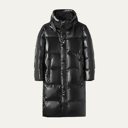 Men’s Long Glossy Puffer Coat with Integrated Hood
