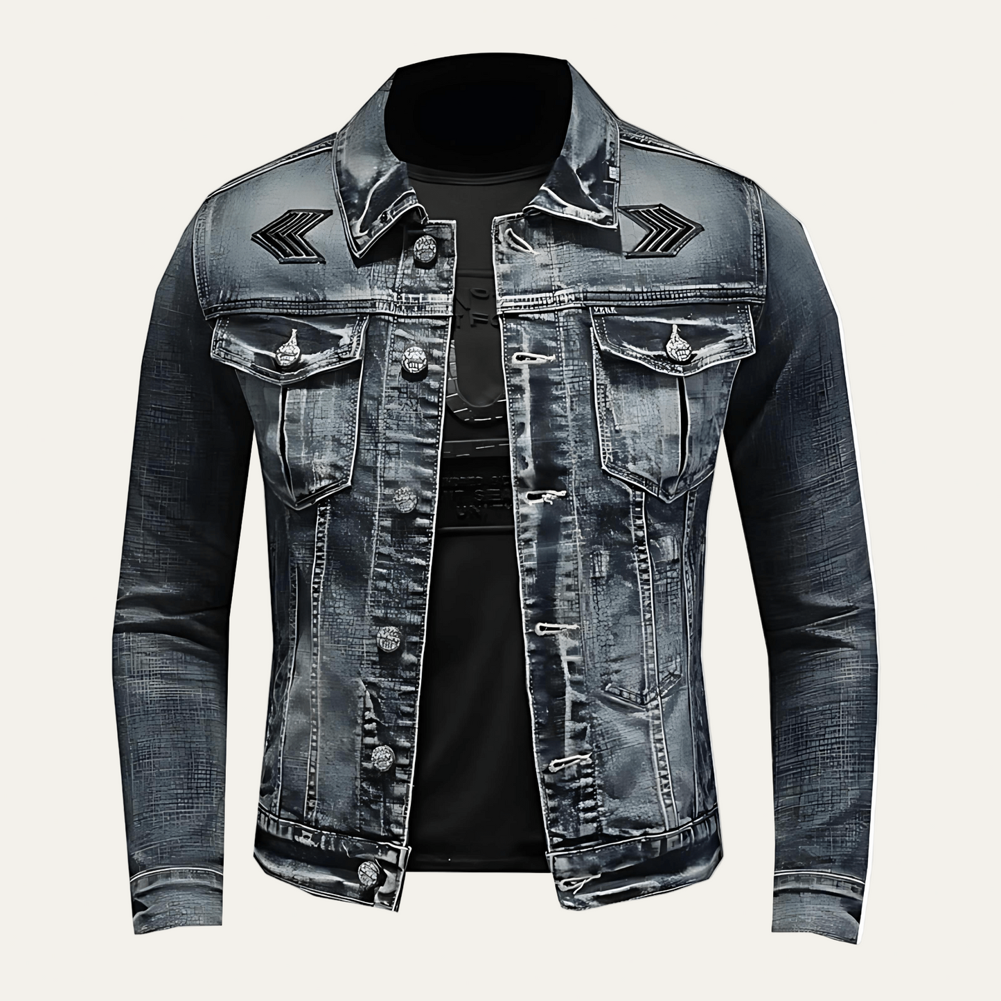 Men’s Distressed Denim Trucker Jacket with Shoulder Graphics