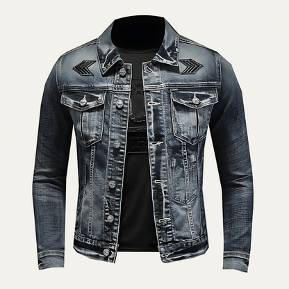 Men’s Distressed Denim Trucker Jacket with Shoulder Graphics