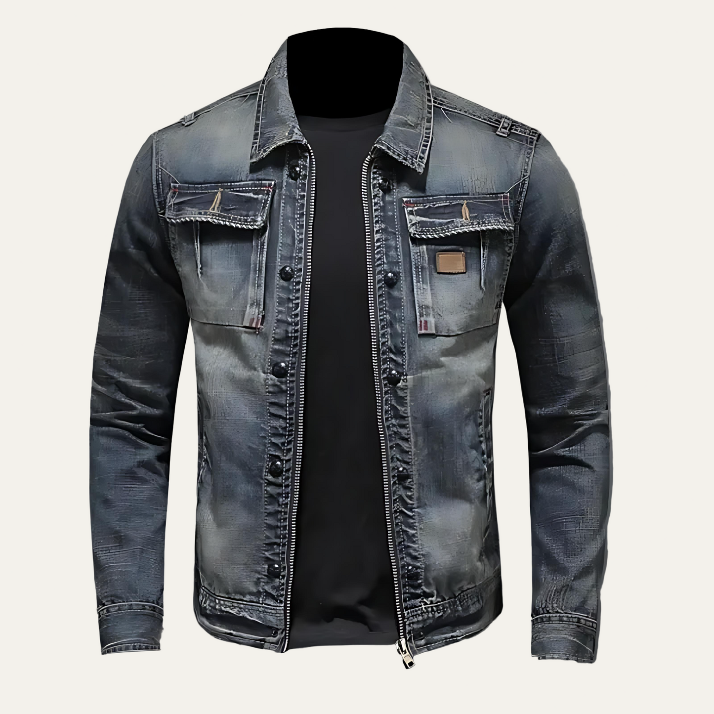 Men’s Distressed Zip Front Denim Trucker Jacket