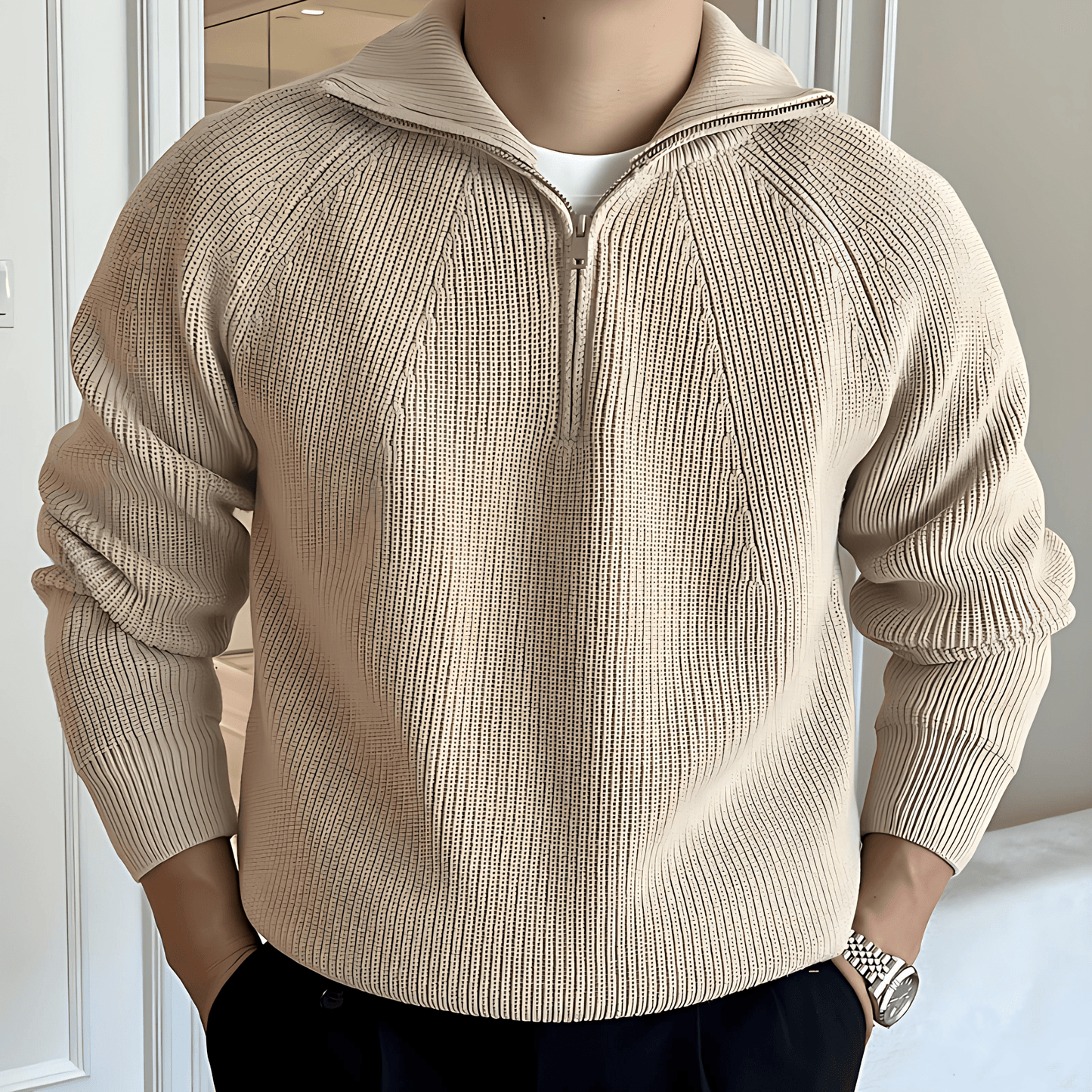 Cevori Classic Style Chunky Knit Half Zip Jumper