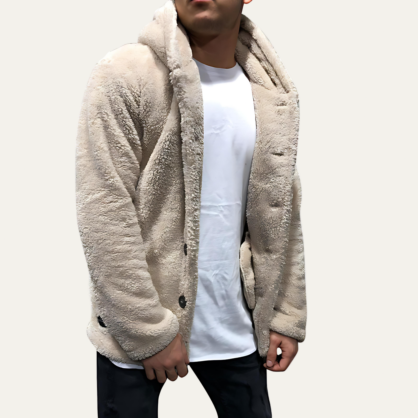 Men’s Plush Fleece Hooded Button Jacket