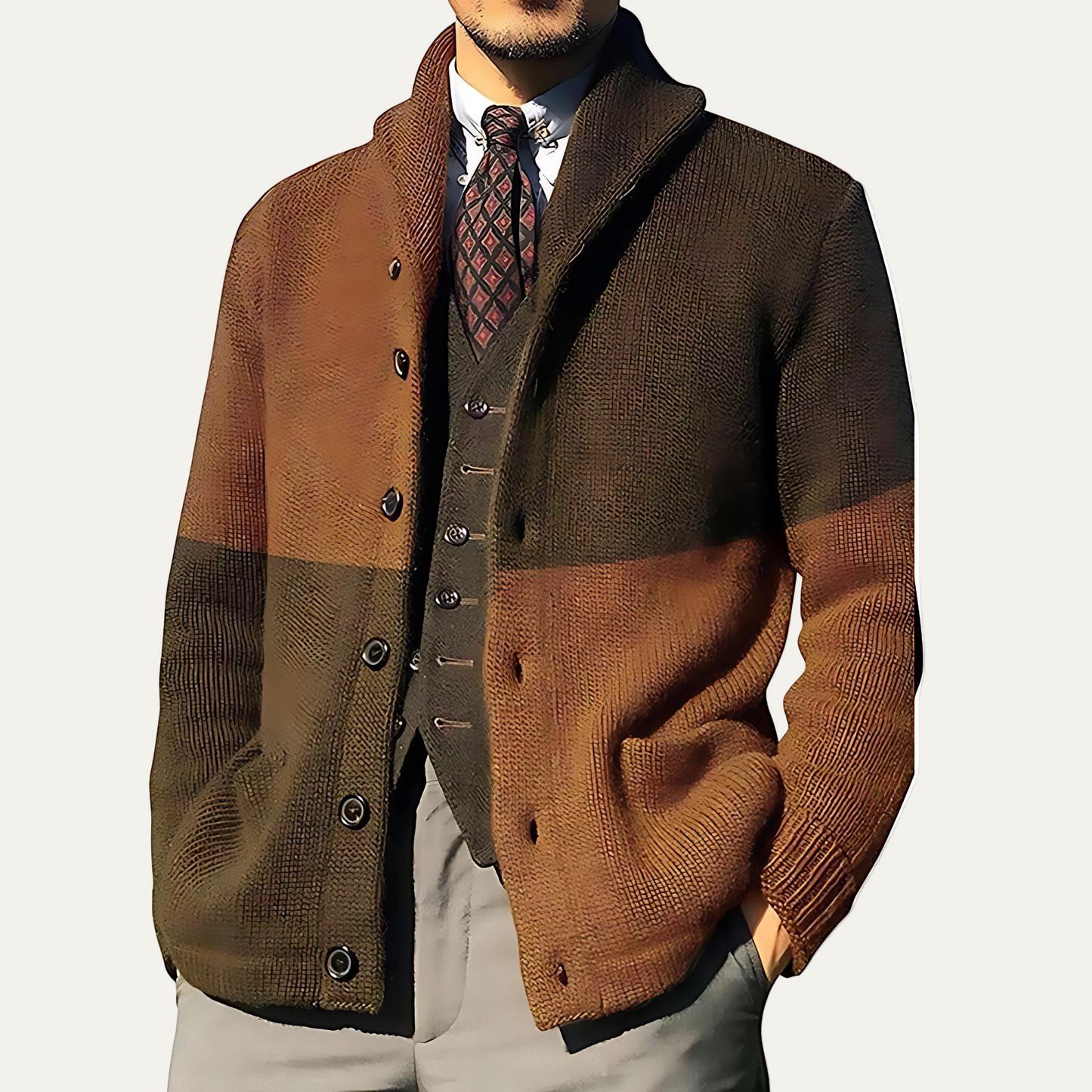 Men’s Fashionable Color Block Shawl Collar Cardigan