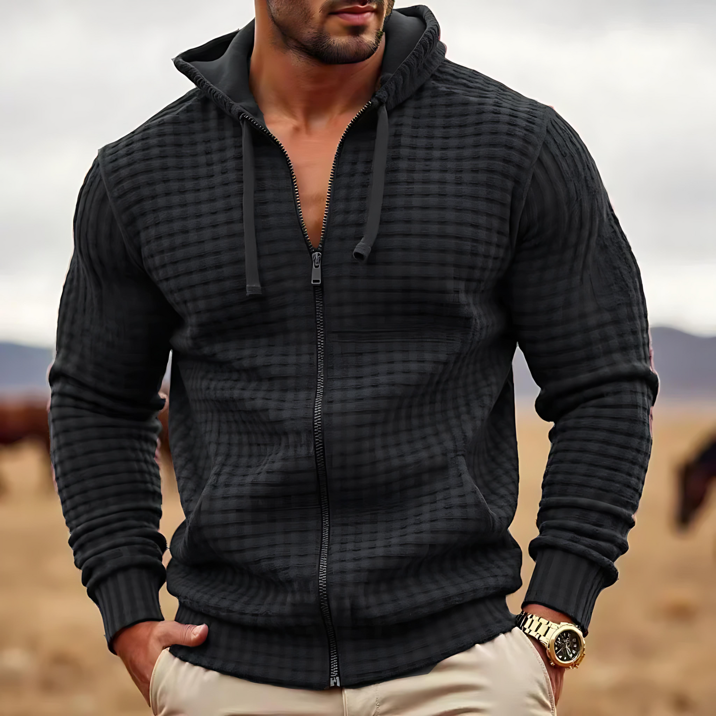 Cevori Full Zip Waffle Knit Hooded Sweatshirt