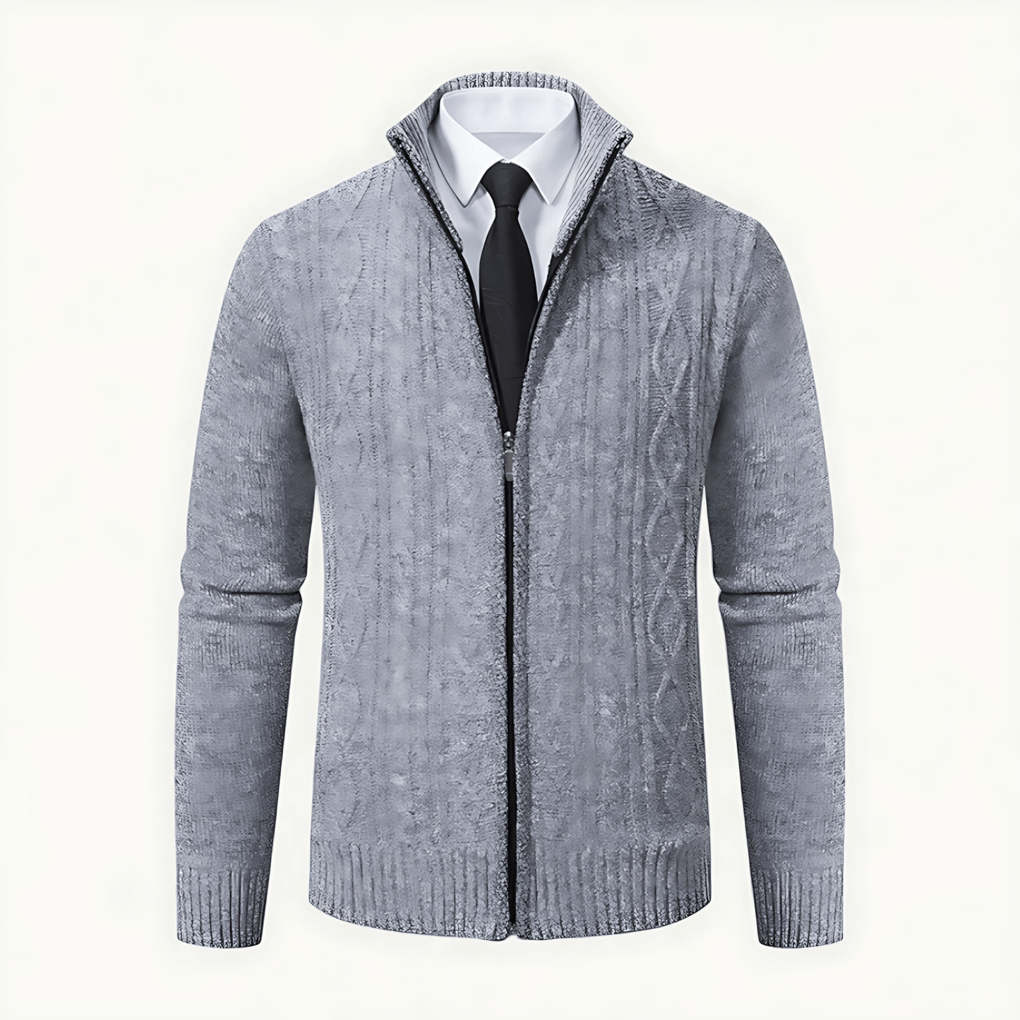 Cevori High Collar Cable Knit Zip-Up Cardigan