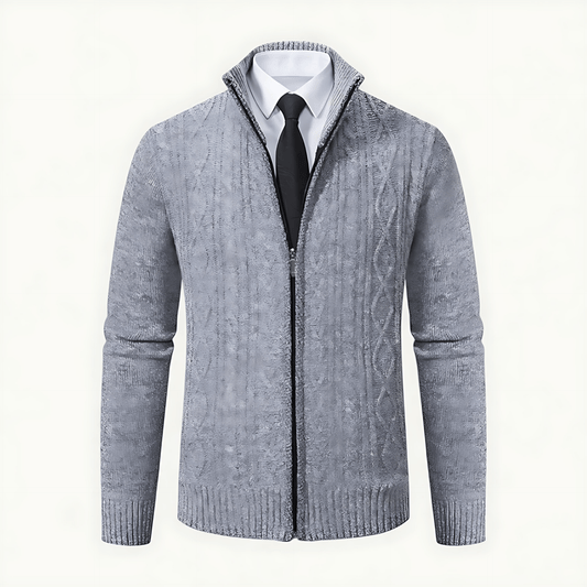 Cevori High Collar Cable Knit Zip-Up Cardigan