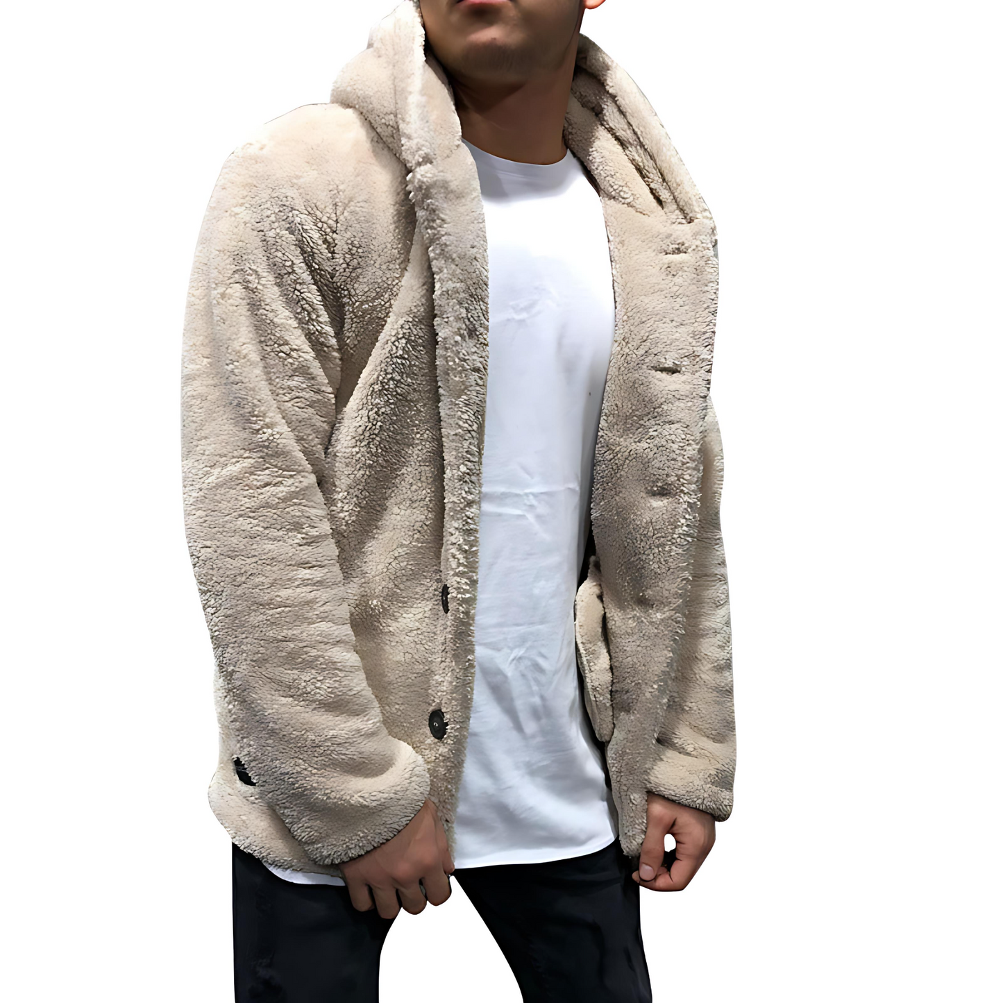 Men’s Hooded Plush Faux Fur Button Jacket