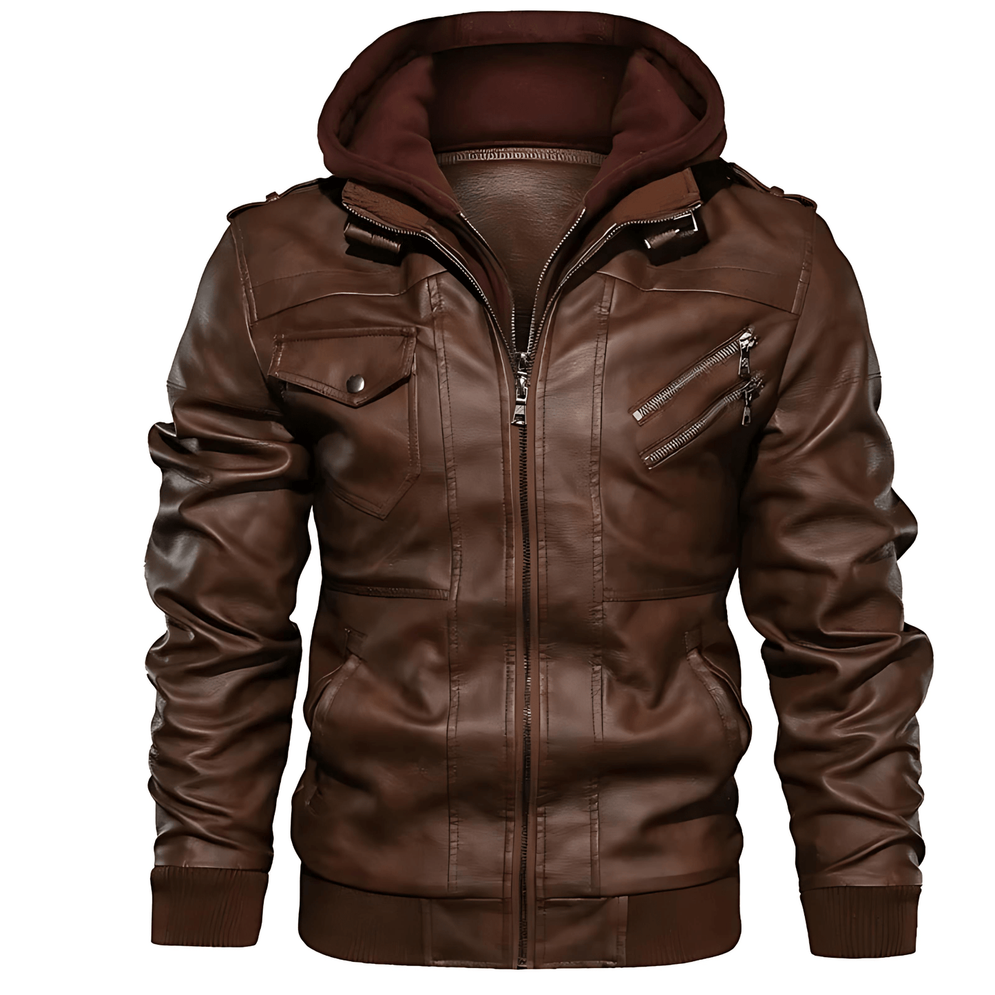 Men’s Faux Leather Moto Jacket with Detachable Hood