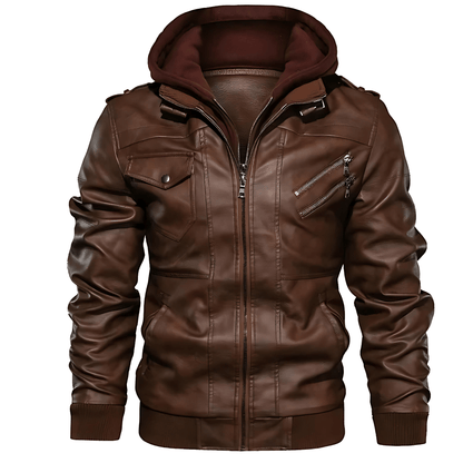 Men’s Faux Leather Moto Jacket with Detachable Hood